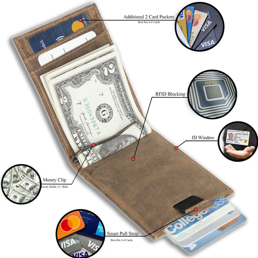 Leather Money Clip Bifold Wallet for Men - Slim RFID Card Holder